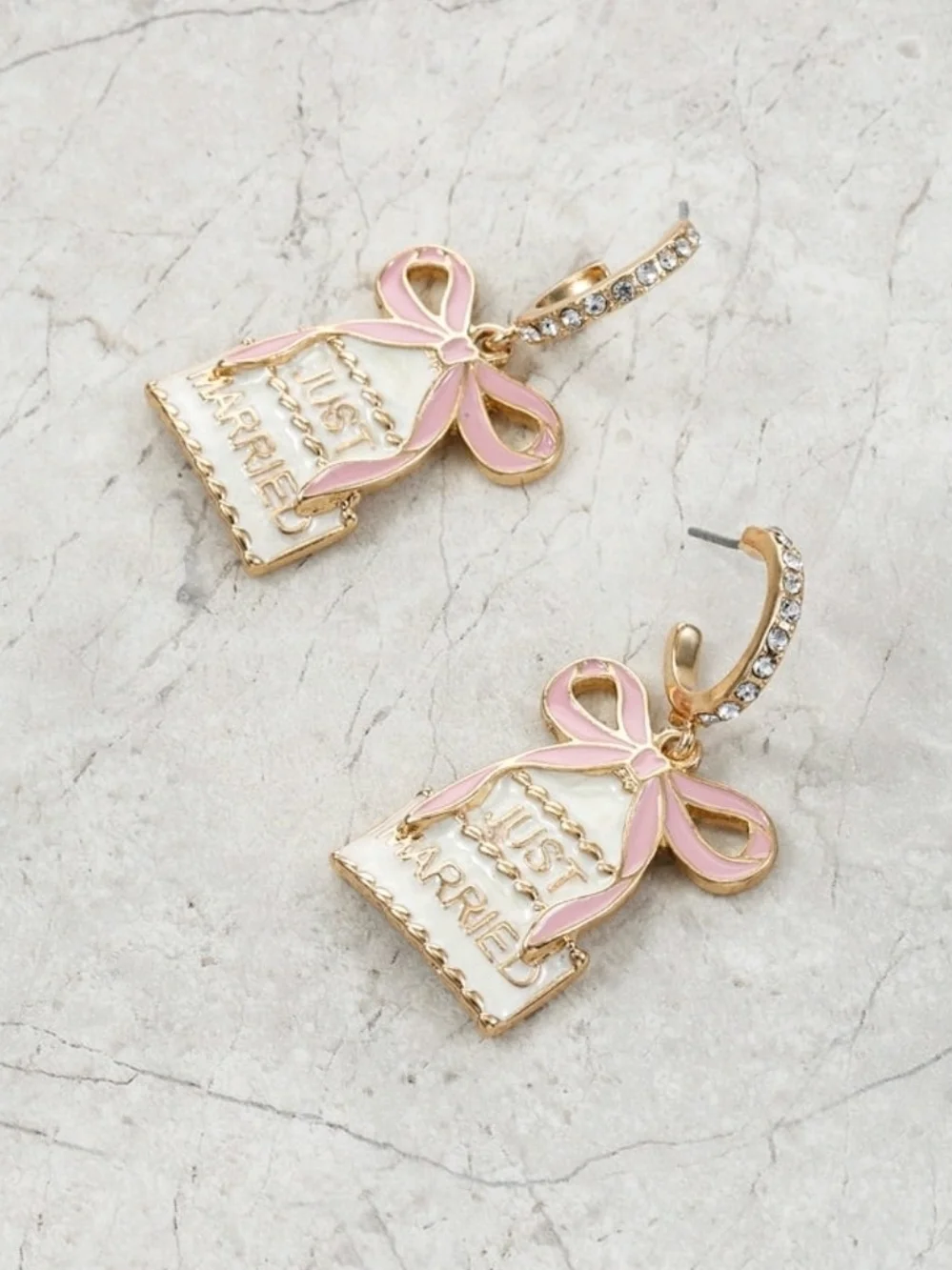 Packed Party Gold-Tone 'Just Married' Pink & White Bow Drop Earrings